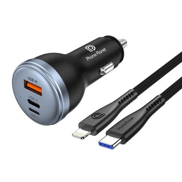 شاحن سيارة بقوة 80W مع كابل مدمج USB‑C و Lightning | شحن سريع 3 منافذ