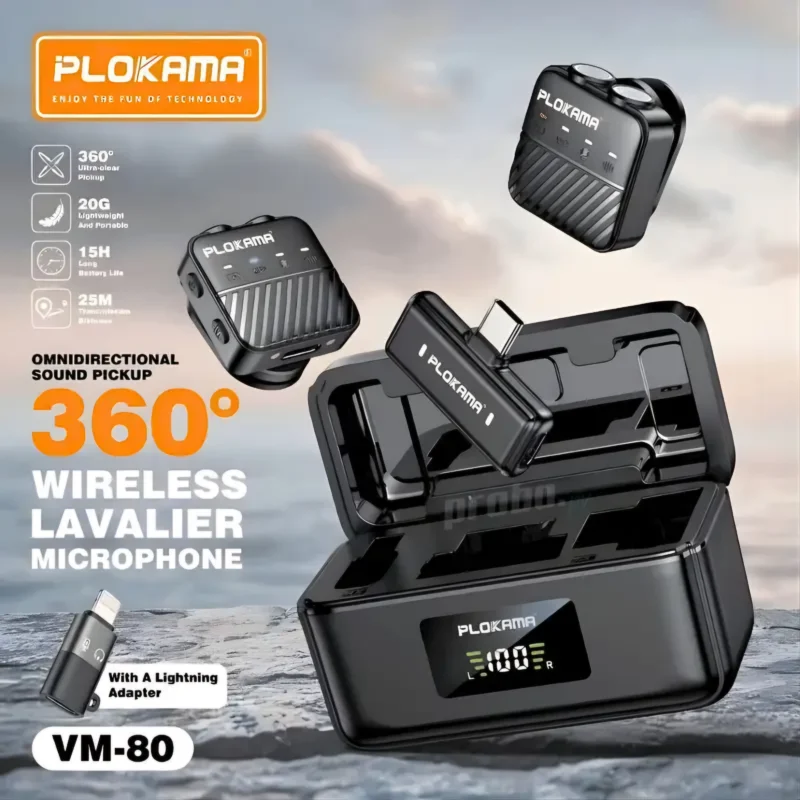 Plokama VM-80, ميكروفون لاسلكي مزدوج, ميكروفون صانع محتوى, ميكروفون لاسلكي للآيفون, ميكروفون إلغاء الضوضاء, ميكروفون تكنوفا, Wireless Lavalier Mic, ميكروفون بلوكاما, أدوات تصوير يوتيوب, ميكروفون مغناطيسي , مايك , مايك لاسلكي للآيفون