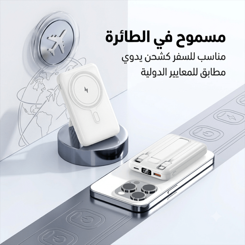 باور بانك للسفر, بطارية مسموحة بالطائرة, باور بانك لاسلكي, بطارية ليفينو 10000, شاحن متنقل مغناطيسي, Levino N-39, متجر تكنوفا, باور بانك مع استاند, إكسسوارات سفر عمان, شاحن سريع للطيارة.
