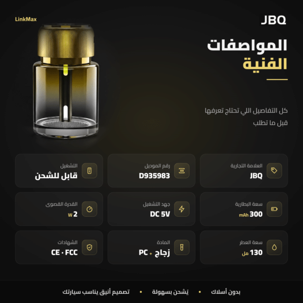 فواحة سيارة ذكية, معطر سيارة JBQ, فواحة عطرية ذكية, JBQ LinkMax Elevano, معطر سيارة طبيعي, متجر تكنوفا, إكسسوارات سيارات عمان, فواحة سيارة زجاجية, زيوت عطرية بدون كحول, تنقية هواء السيارة.